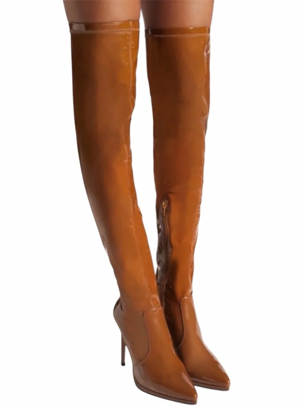 Shoe Dazzle Lekisha Tan /camel, Patent faux leather Thigh High Boots 6 NWOT